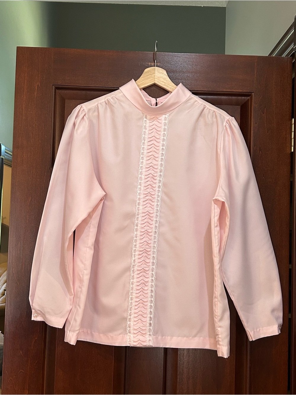Claudia Vintage Pink High Neck Lace Trim Blouse Size 18 USA